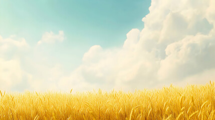 Serene landscape of golden wheat field under a vast, bright sky filled with fluffy white clouds; idyllic summer scene.