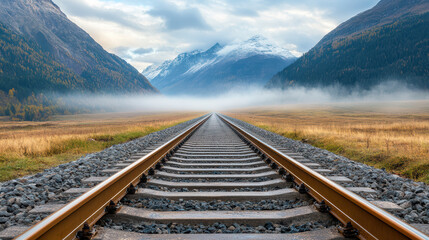 Fototapeta premium railway track cutting through fog covered mountain landscape, evoking tranquility