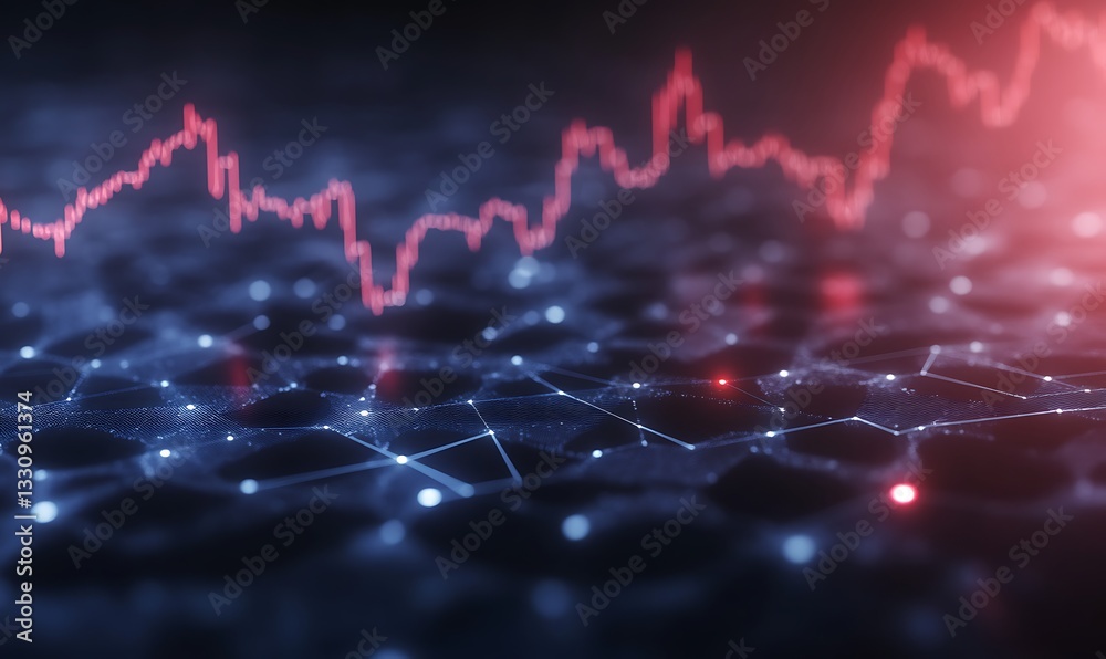 Poster Abstract digital visualization of a fluctuating stock market graph on a network background.