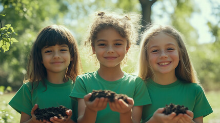 Happy children at a nature-focused summer camp engaging in hands-on gardening activities, promoting teamwork, sustainability, and environmental awareness outdoors. Image made using Generative AI.
