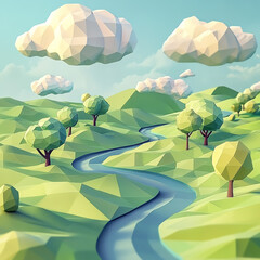 A vibrant low-poly landscape featuring rolling hills, trees, and a winding river under a bright sky.