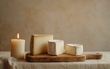 Three Cheese Wedges and Lit Candle on Rustic Board