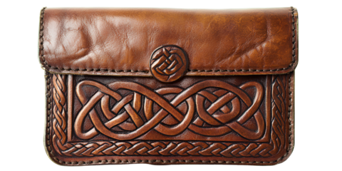  Vintage leather purse with Celtic knotwork embossing, on a transparent background