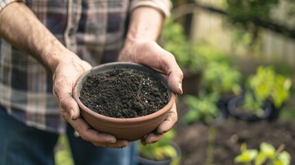 Close-up of hands holding soil in a bowl, with a male gardener wearing a brown apron in the background. Gardening concept, macro photography