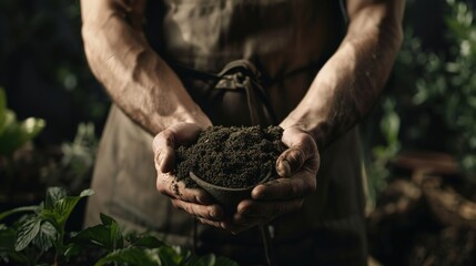 Close-up of hands holding soil in a bowl, with a male gardener wearing a brown apron in the background. Gardening concept, macro photography