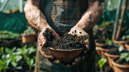 Close-up of hands holding soil in a bowl, with a male gardener wearing a brown apron in the background. Gardening concept, macro photography