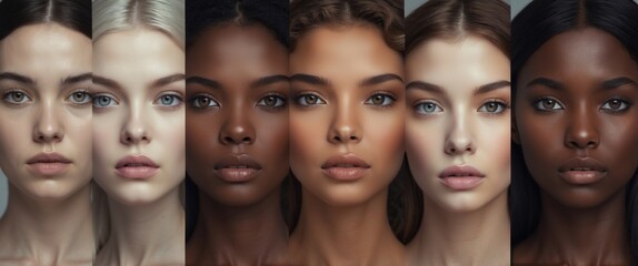 Obraz premium Medical and dermatological products for skin conditions. Collage. Close-up of beautiful young women. Concept of human diversity, beauty standards, and cosmetics.