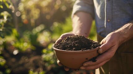 Close-up of hands holding soil in a bowl, with a male gardener wearing a brown apron in the background. Gardening concept, macro photography