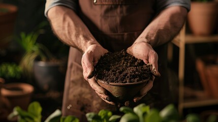 Close-up of hands holding soil in a bowl, with a male gardener wearing a brown apron in the background. Gardening concept, macro photography