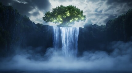Majestic waterfall flowing beneath a luminous tree in a mystical landscape.