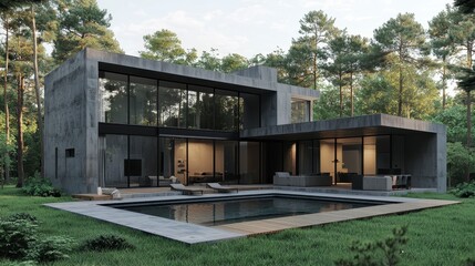 Fototapeta premium Modern Concrete House Surrounded by Lush Green Forest Landscape