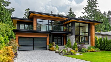 Modern Stylish House with Large Windows Surrounded by Greenery