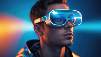 Man using VR glasses against a gradient background.