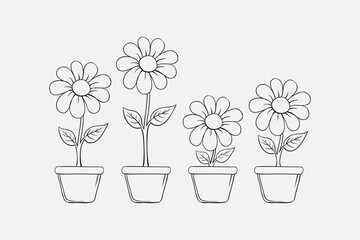 Illustration of four potted flowers arranged side by side with daisy-like blooms. Ideal for coloring pages, floral-themed designs, or artwork emphasizing minimalistic and hand-drawn floral motifs.