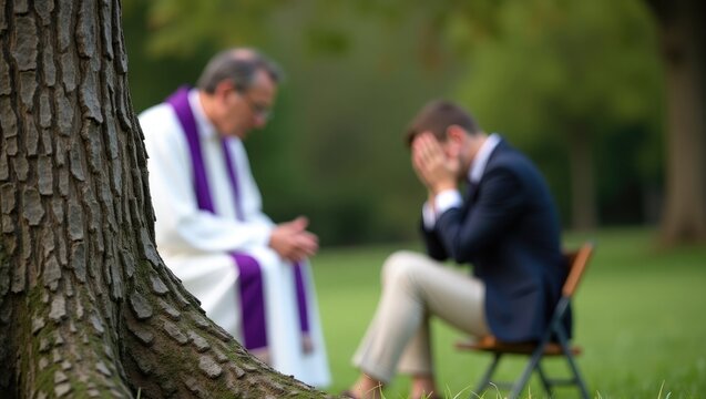 Priest administering Holy confession outdoors.