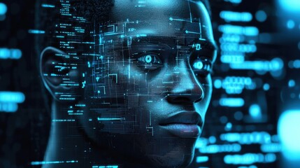 Futuristic Portrait of Young Man in High-Tech Digital Environment