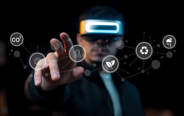 Person Wearing Virtual Reality Headset Engaging with Futuristic Digital Interface Representing Environmental Technology and Sustainability Concepts