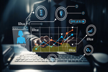 Businessman Analyzing Data Trends in Modern Office with Digital Customer Service Interface and Graphical User Interface Elements
