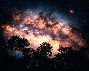 Naklejka premium Majestic Milky Way galaxy illuminating silhouetted trees at night. A breathtaking cosmic landscape.