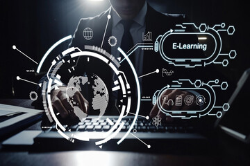 Professional on Laptop Engaging with Innovative E-Learning Technology and Digital Interfaces for Remote Education and Online Learning Solutions