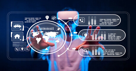Futuristic virtual reality interaction with global data and analytics display showcasing technology, innovation, and user engagement in digital environments