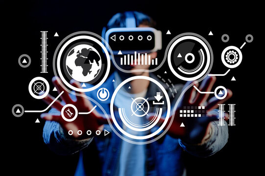 Immersive Virtual Reality Experience with User Interacting with Digital Interface and Global Elements