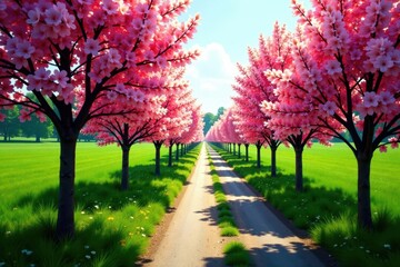 Naklejka premium Aerial view blooming trees lining spring countryside road, trees, charming