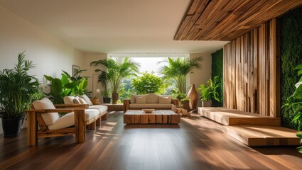 Modern, Wooden Living Room with Lush Plants