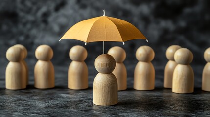 Leadership concept with wooden figure holding an umbrella, representing protection and teamwork, minimalist style, professional design, symbolizing guidance and collective strength
