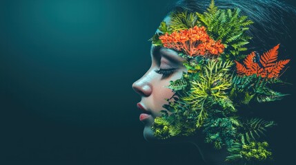 Portrait of Woman with Floral and Greenery Face Art Expression