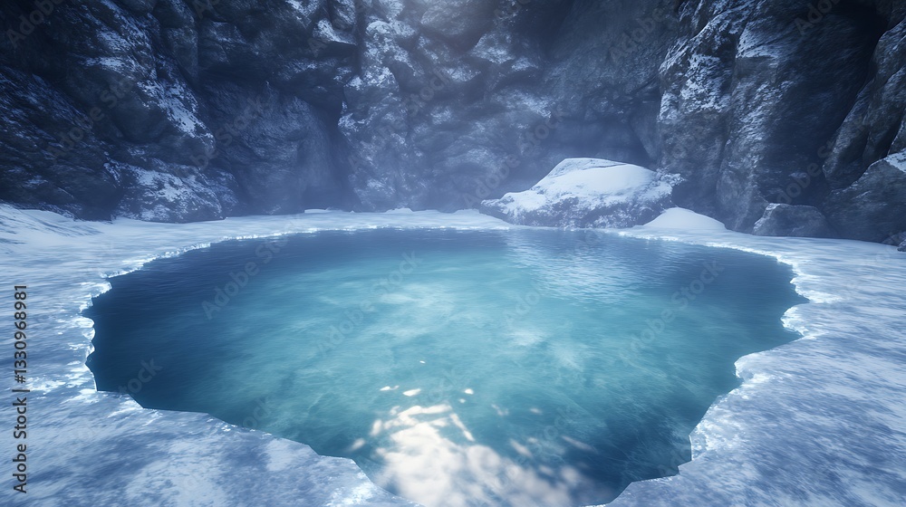 Aufkleber a serene frozen landscape with a circular pool of clear water surrounded by ice and rocky formations