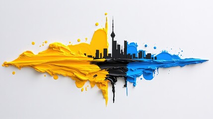 Vibrant Abstract Skyline with Yellow and Blue Paint Splashes