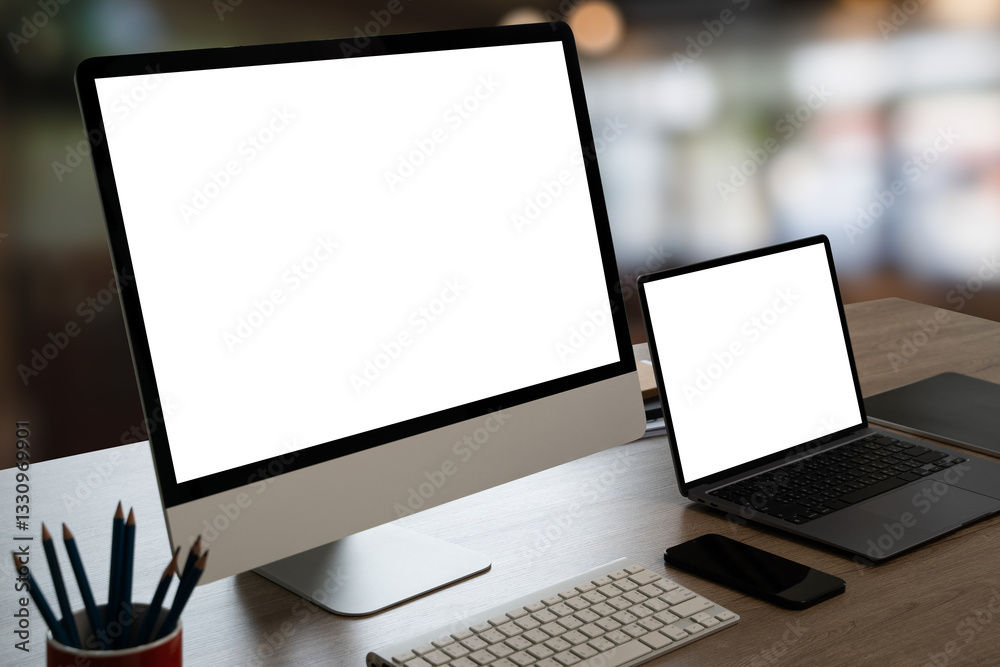 Poster laptop with blank screen on table. workspace background new project on laptop computer with blank co