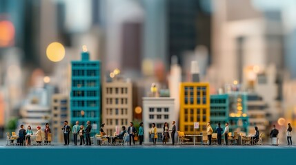 Obraz premium Miniature Cityscape Diverse Office Workers Urban Business Scene