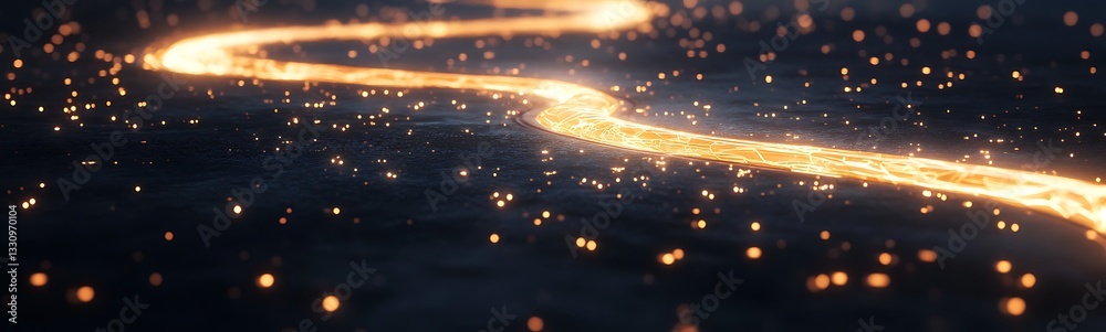 Poster glowing golden path of light winding through a dark, starry background.