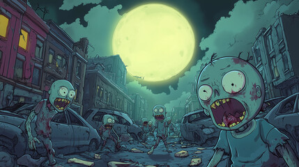 Obraz premium A cartoon zombie apocalypse with a group of goofy, slow-moving zombies with exaggerated limbs and comically mismatched clothing