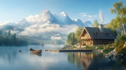 Fototapeta premium Lakeside cabin, misty mountains, serene morning, tranquil scene