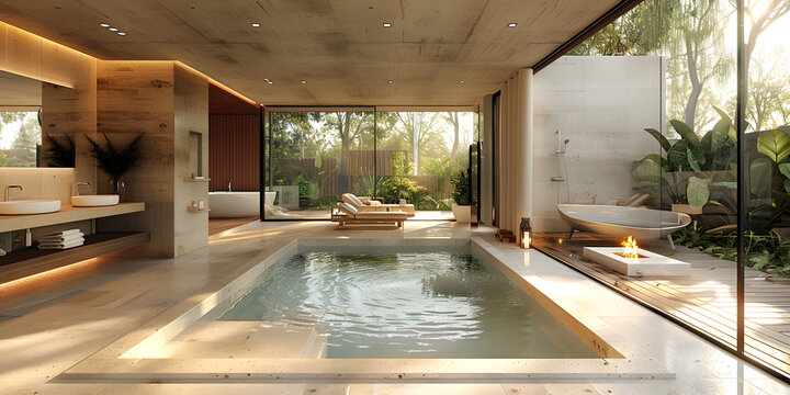 Espacio de lujo con piscina interior, muebles modernos y jard&iacute;n tropical