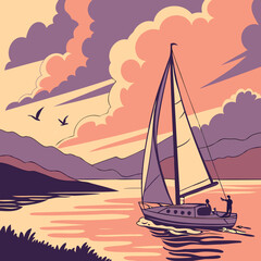 Naklejka premium A serene sailing scene at sunset, Vector art design Vibrant colors fill the sky. Perfect for nature lovers and travelers