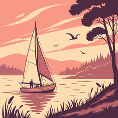 Naklejka premium A serene sailing scene at sunset, Vector art design Vibrant colors fill the sky. Perfect for nature lovers and travelers