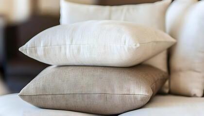 Obraz premium Stack of three soft, textured linen pillows in neutral beige and off-white tones, arranged on a light beige sofa. Perfect for home decor and interior design.