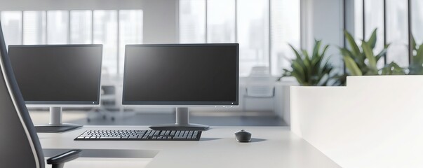 Modern office workspace setup including screens keyboards and plant decor