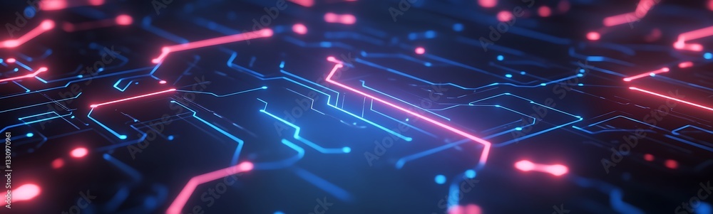 Poster futuristic digital circuitry with glowing blue and pink lines on a dark background.