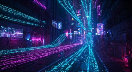 Futuristic cyberpunk city with neon lights, digital data streams, and holographic billboards, symbolizing high-speed data transfer and advanced technology.