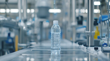 Production of bottled water in a manufacturing facility industrial process close-up view modern environment