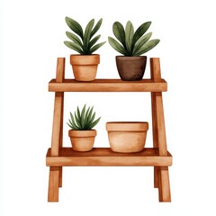 Fototapeta premium Wooden Plant Shelf with Various Potted Greenery and Succulents