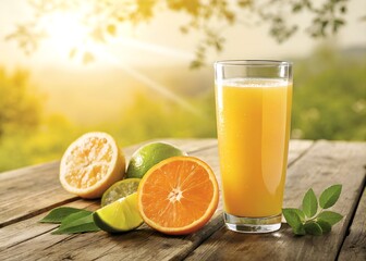 Fototapeta premium Fresh Orange Juice with Citrus Fruits on a Wooden Table