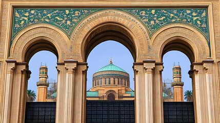 Obraz premium Archway framing mosque dome, city backdrop