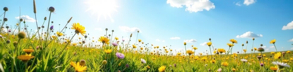 Fototapeta premium Sun-drenched meadow, wildflowers bloom, azure sky, meadow, stem
