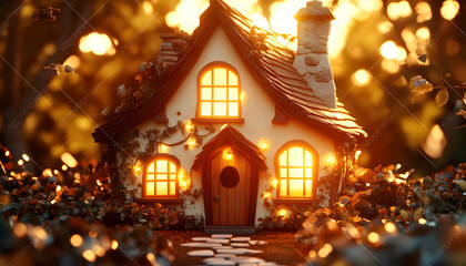 Fototapeta premium Enchanting fairytale cottage glowing warmly at sunset, nestled amongst autumn leaves. Perfect for autumnal, cozy, magical themes.